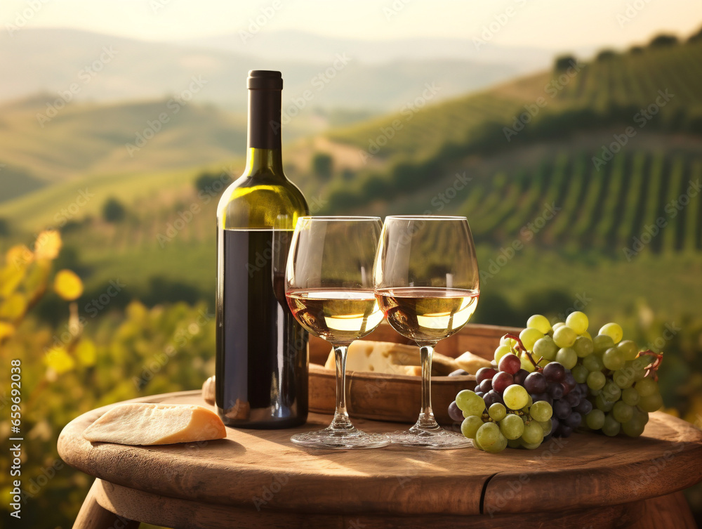 A rustic scene with bottles, wineglasses, grapes, and a barrel, creating an inviting ambiance for wine enthusiasts.