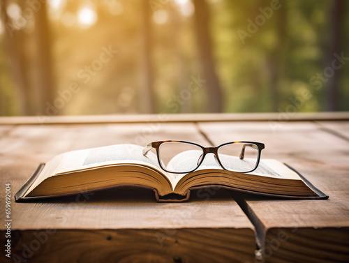 A rustic wooden table adorned with books and reading glasses, creating a serene reading atmosphere. © Szalai