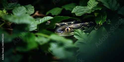 Snake peeks out from around leaves in forest , concept of Camouflaged predator