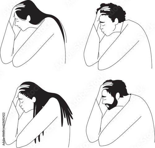 People of different nationalities are sad, line vector illustration. Vector illustration