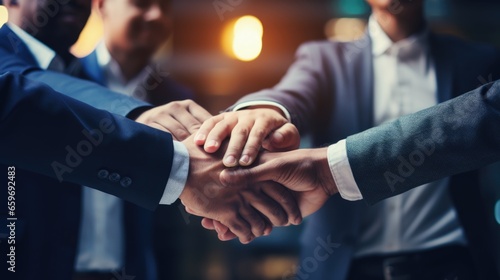 Close up picture of businessman putting their hands together or hands shaking after they reach achievement to show unity and teamwork.
