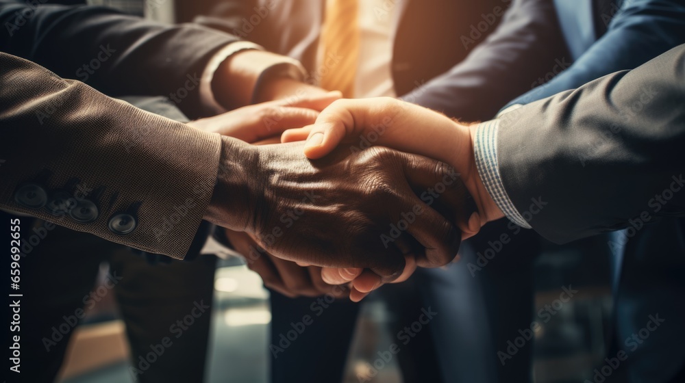 Close up picture of businessman putting their hands together or hands shaking after they reach achievement to show unity and teamwork. Close up picture of businessman putting their hands together or hands shaking after they reach achievement to show unity and teamwork.