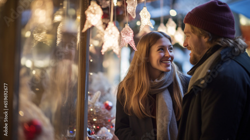 Couple standing at Christmas market looking at christmas decoration with blurred background 
