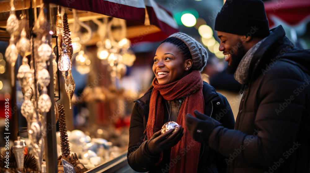 young Couple standing at Christmas market looking at christmas decoration with blurred background 