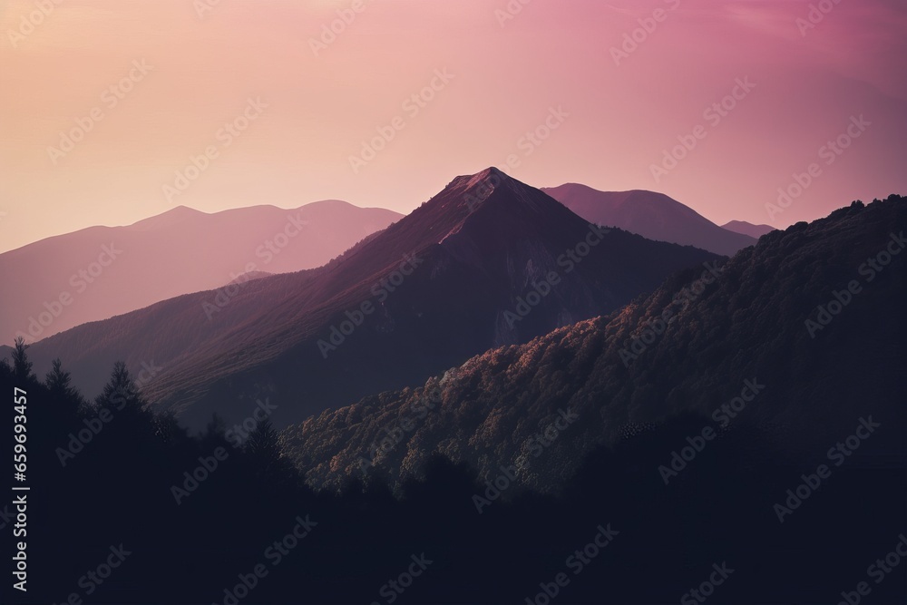 Serene mountainous landscape at sunset with vivid colors
