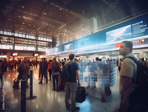 A vibrant airport terminal full of bustling crowds and people rushing to catch their flights.