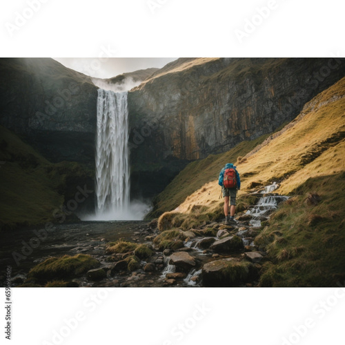 Hiker in Awe of a Tall, Cascading Waterfall