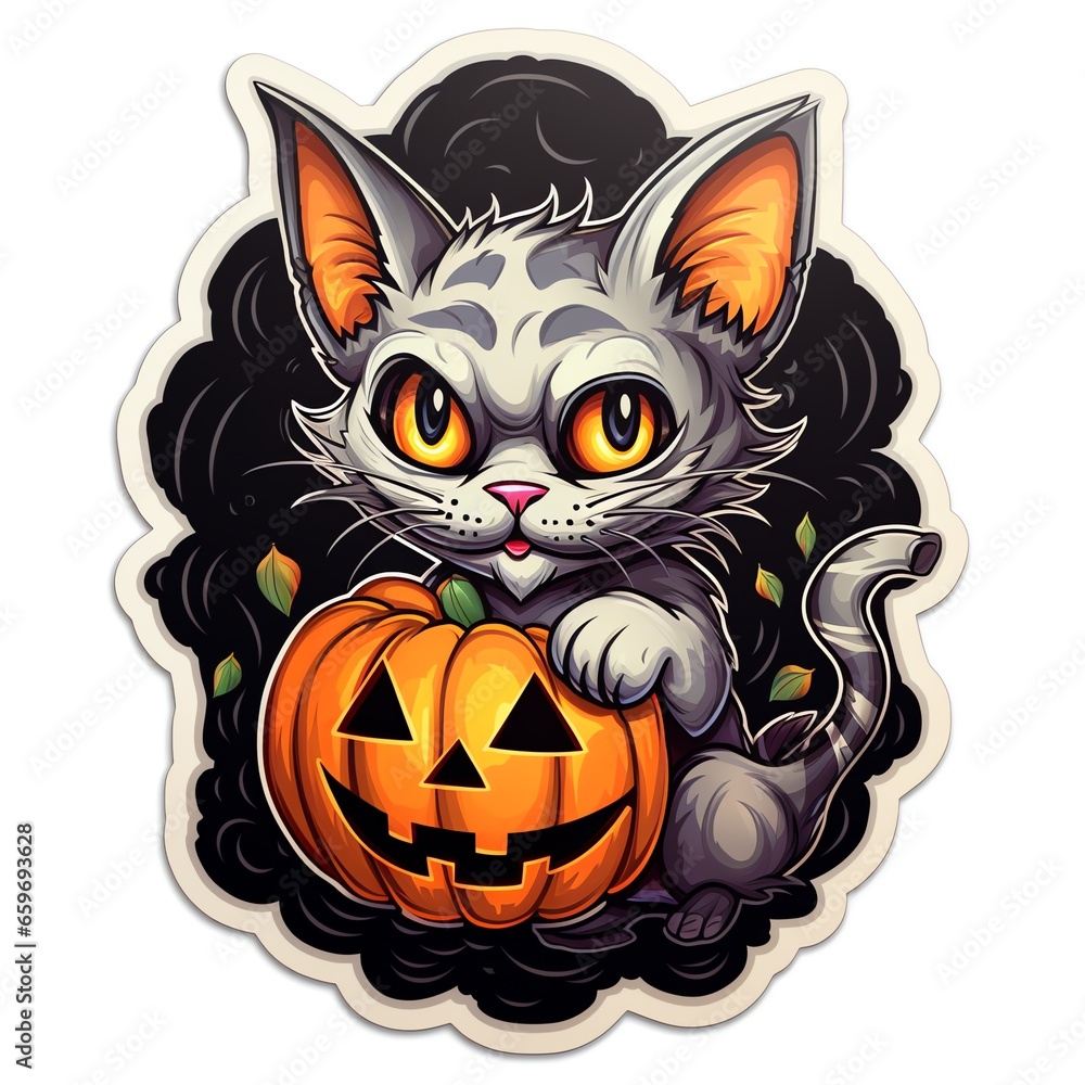 a cute kitten with a jack-o-lantern, halloween, sticker 