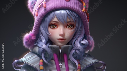 Aesthetic 3D render background showcasing a charming and cute young anime girl with long purple hair, adorned with a head covering, hoodie, and modern urban fashion.