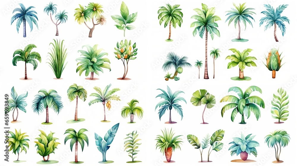 watercolor style cartoon illustration of tropical plant foliage, isolated on white background, collection set, Generative Ai - obrazy, fototapety, plakaty 
