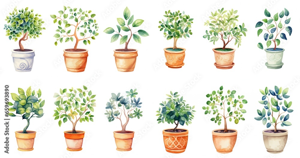 Fototapeta premium watercolor style illustration of green leaf pot plants, terracotta pot, minimal simple style, , isolated on white background, collection set, Generative Ai