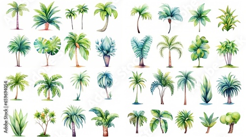 watercolor style illustration of tropical plant foliage, isolated on white background, collection set, Generative Ai