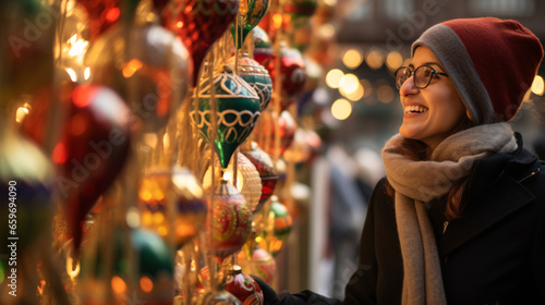 Israeli woman standing at Christmas market looking at christmas decoration with blurred background 