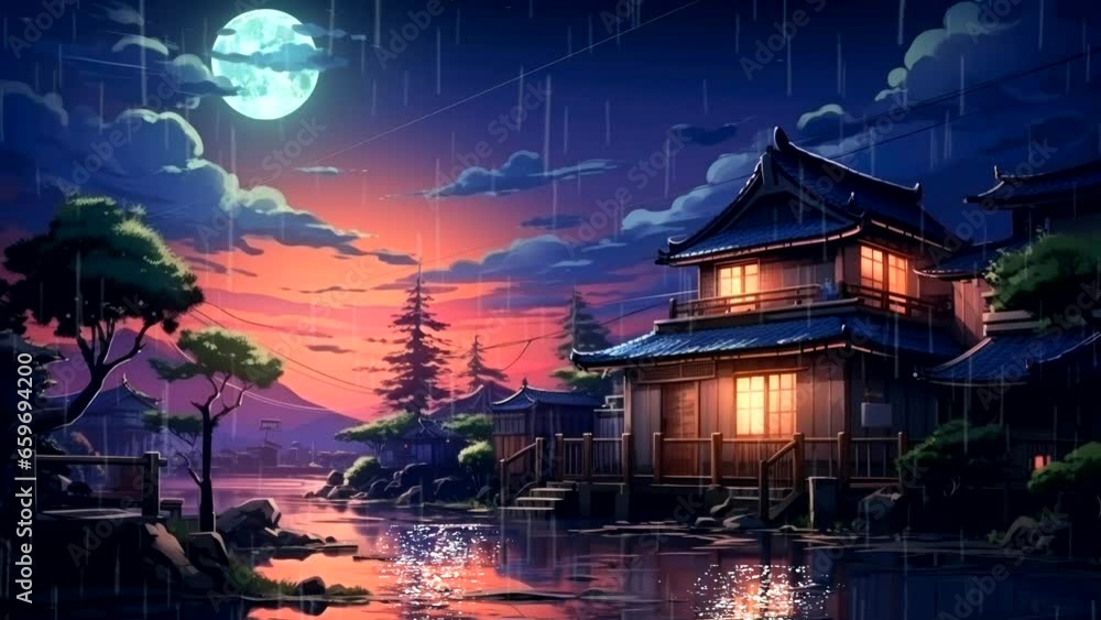 japanese house on night with rain falls, beautiful and dramatic ... — free download