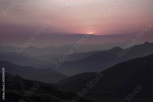 landscape of mountains with fog at sunset
