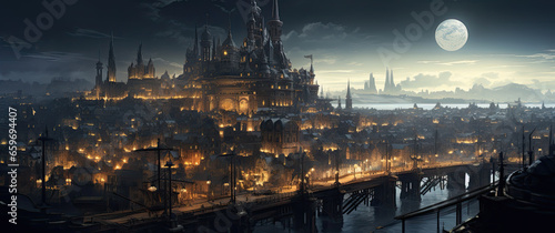 Illustration of a steampunk city.