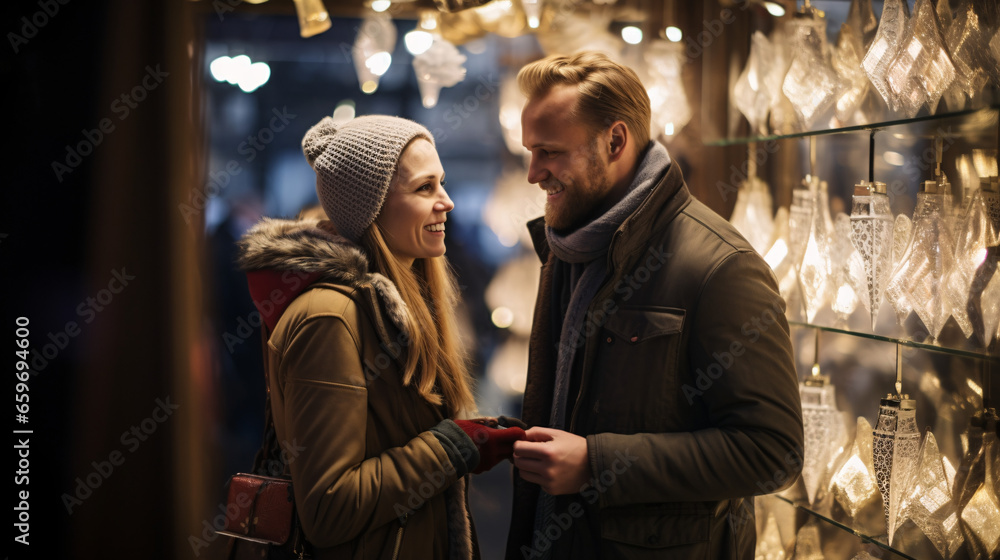 Couple standing at Christmas market looking at christmas decoration with blurred background Couple standing at Christmas market looking at christmas decoration with blurred background