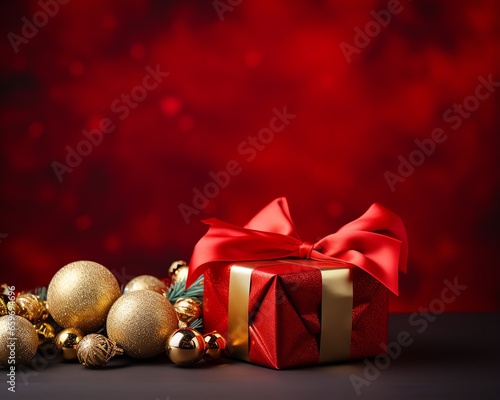 Christmas gift box with a red backdrop 