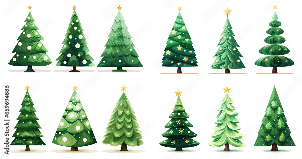 Obraz premium cartoon illustration of cute Christmas tree with gold start on top, isolated on white background, collection set, Generative Ai