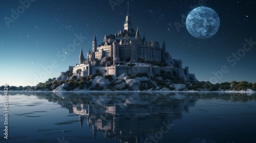 medieval castle on an island in the sea at night and a full moon in the sky. © santiago