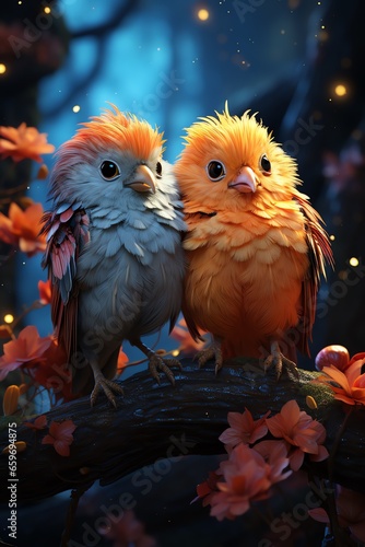 two tropical birds on a branch, brightly coloured