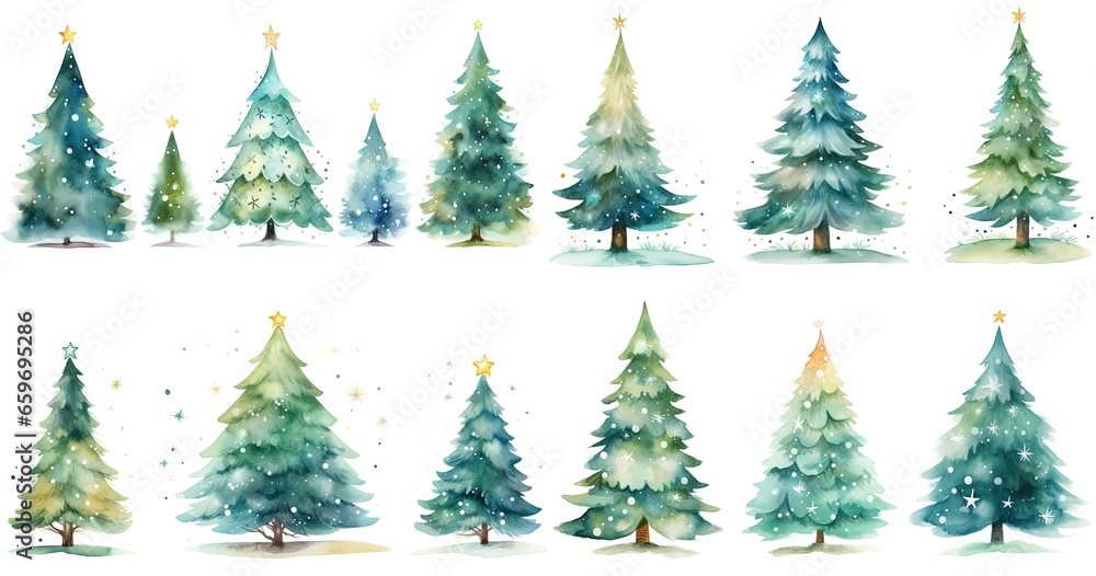 watercolor style cartoon illustration of boho style cute Christmas tree, isolated on white background, collection set, Generative Ai