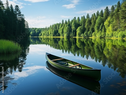 A serene view of a canoe peacefully floating on a calm and serene lake.