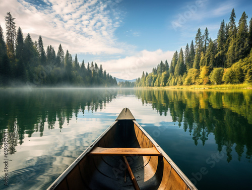 A peaceful canoe floats on a calm lake, reflecting the serene surroundings.