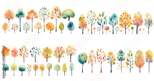 watercolor style cartoon illustration of minimal style autumn tree, isolated on white background, collection set, Generative Ai