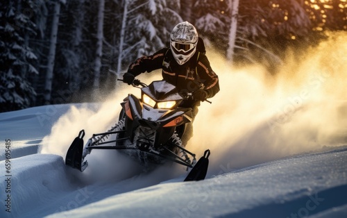 Adventurous snowmobiling rides through snowy terrain