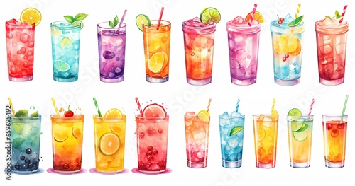 watercolor style cartoon illustration of bright color glass of cocktail   isolated on white background  collection set  Generative Ai