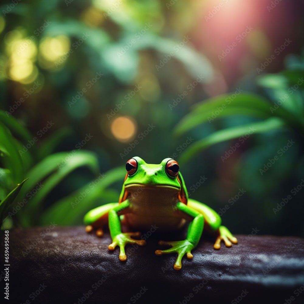 Fototapeta premium Green tree frog perched on a branch in a tropical rainforest setting.