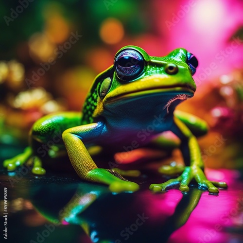 Green tree frog on a colorful background with bokeh effect.