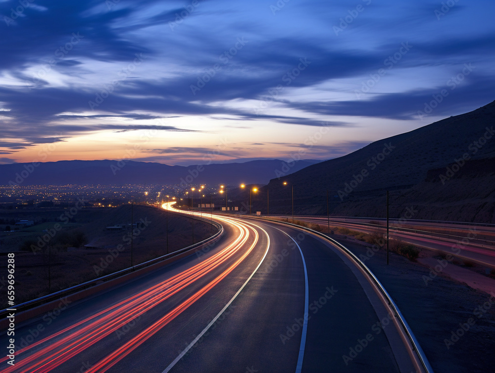 A serene landscape photograph of an empty highway at either dawn or dusk.