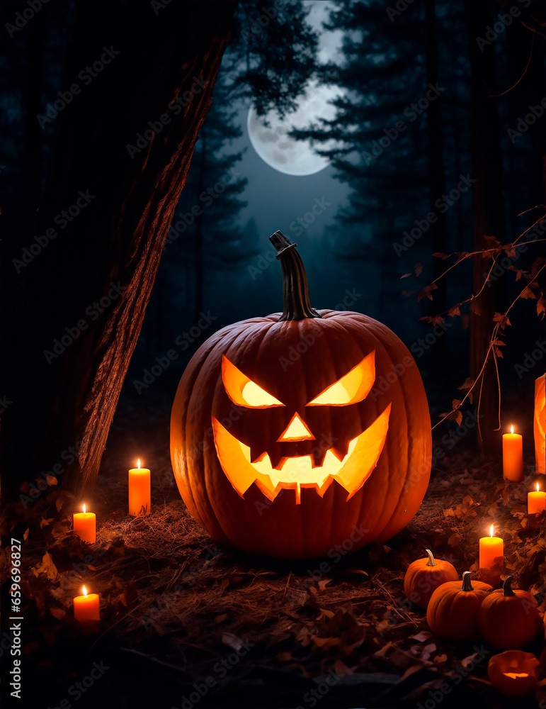 Fototapeta premium halloween pumpkin on a dark forest background