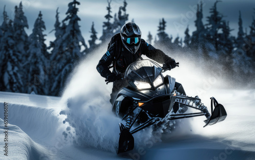 Adventurous snowmobiling rides through snowy terrain © piai