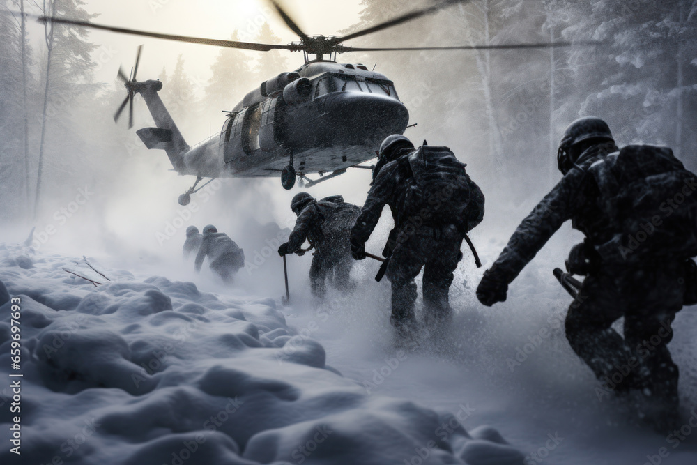 Soldiers conducting a rescue mission in challenging winter conditions, highlighting bravery and commitment. Generative AI