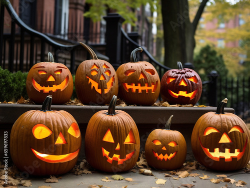 Spooky jack-o'-lanterns with scary expressions adorning a street in New York City.