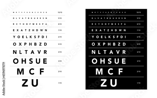 Monoyer chart Eye Test Chart medical illustration. line vector sketch style outline isolated on white, black background. Vision test board optometrist test for examination Checking optical glasses