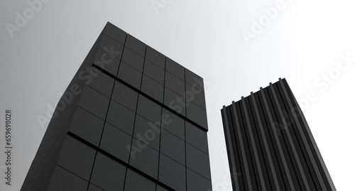 Abstract dark buildings  minimal structures. Modern construction building design. Industrial construction houses buildings. Black architecture of the facade of high-rise buildings.3D render