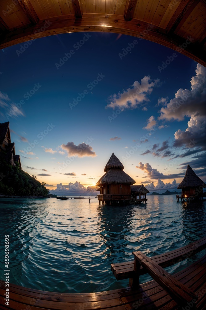 paradise island at night, pool at night, sea at night, with wooden cabins