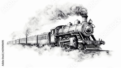 sketch of a moving retro train with smoke. Hand-drawn transportation in the classic locomotive engraving style