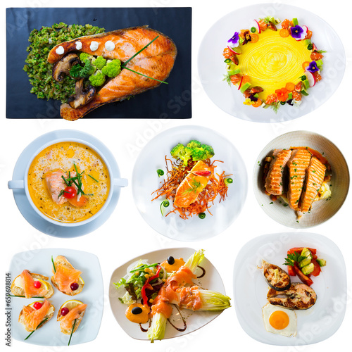 Fototapeta Naklejka Na Ścianę i Meble -  Collage of different tempting dishes cooked with salmon isolated on white background..