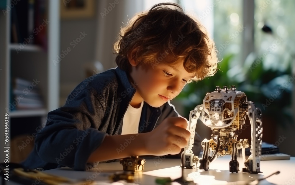 A boy repairing a toy robot - obrazy, fototapety, plakaty 