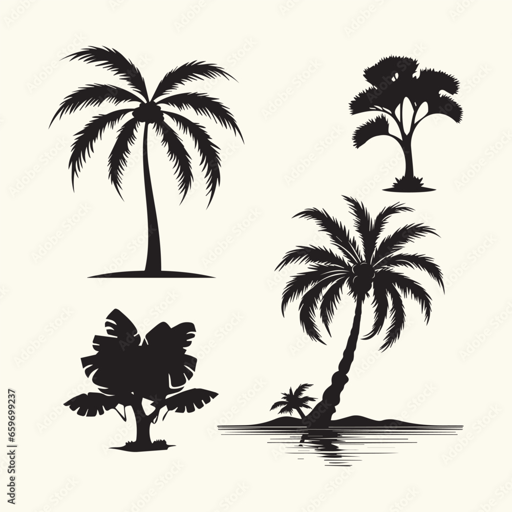 Tropical palm trees set silhouettes, Coconut palm tree icon, simple style
