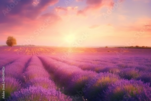Lavender fields at sunset in vibrant color