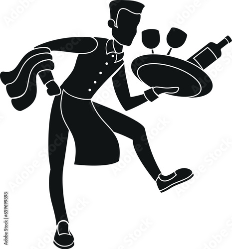Cartoon Black and White Illustration Vector Of A Restaurant Waiter Carrying And Almost Dropping A Wine Bottle and Glasses on A Tray