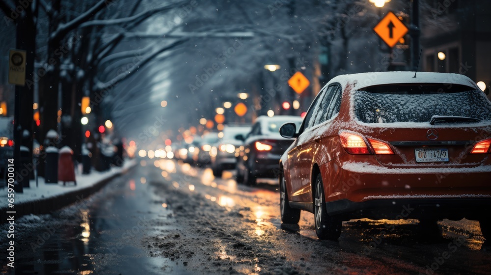 Traffic and snow, city at night, urban life, winter, evening traffic scene on a snowy city street, with cars' headlights reflecting off the wet road, adding warmth to the cold, wintry atmosphere.