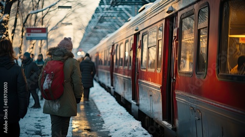 train or tram in the city, people waiting, at the station, winter,  snow, everyone wearing warm clothes and hats