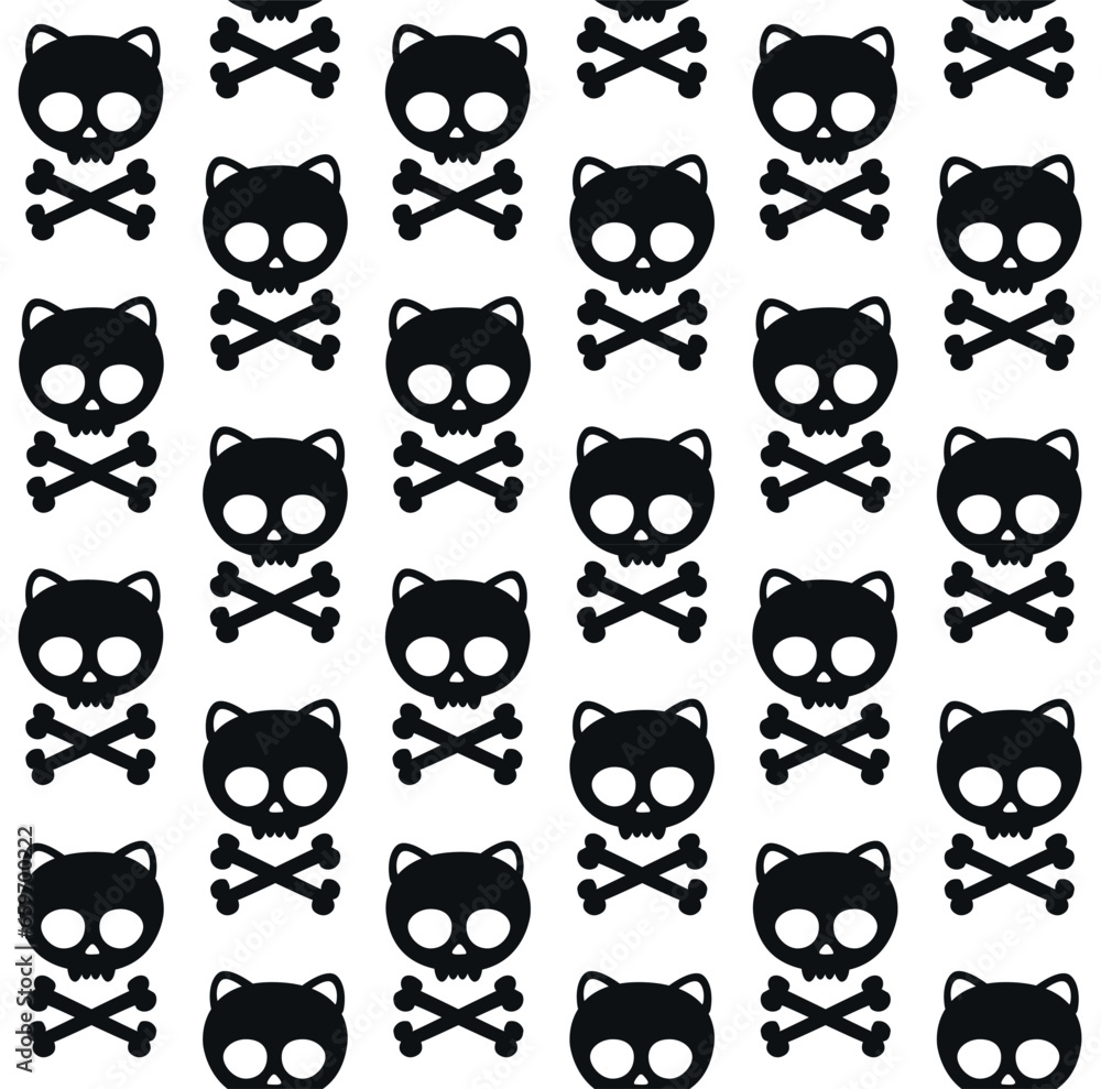 Obraz premium Vector seamless pattern of hand drawn flat cat skull with crossed bones silhouette isolated on white background